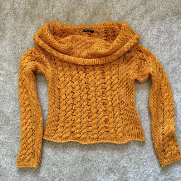 Sisley Sweaters - Sisley Loose Cable Knit Sweater Off The Shoulder Mesh Y2K Boho Yellow/Orange